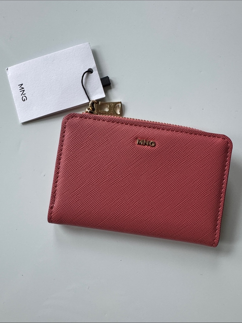 Mango Saffiano-effect Compact Zip Wallet in Rose Coral